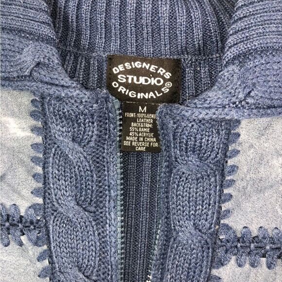 Designers Studio Originals Blue Leather Cable Knit Vest size Medium - Picture 2 of 6